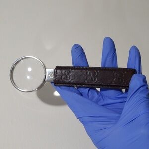 GUCCI Vintage Magnify Glass Brown Emboss GG Leather Handle 6.5" long Circle 1.8"
